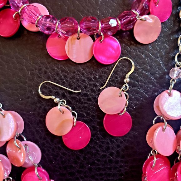 Mother of Pearl Abalone Shell Dark and Light Pink Necklace Bracelet Earrings Set - Picture 6 of 9